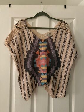 American Rag Beige Crochet-Shoulder Aztec Print Top